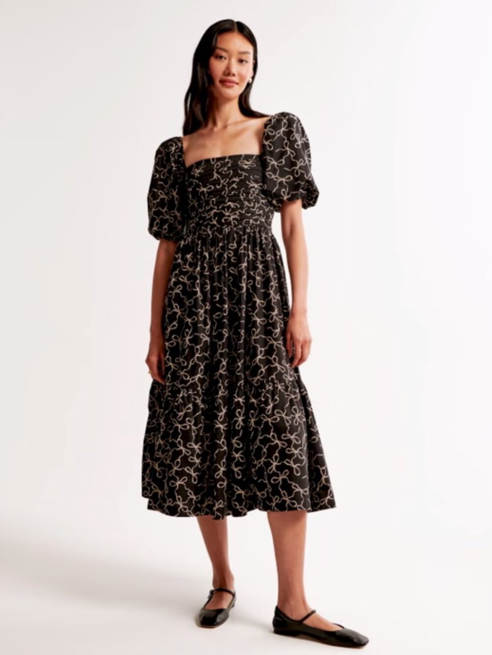 Abercrombie and Fitch Emerson Poplin Puff Sleeve Midi Dress Black Bows Size MP